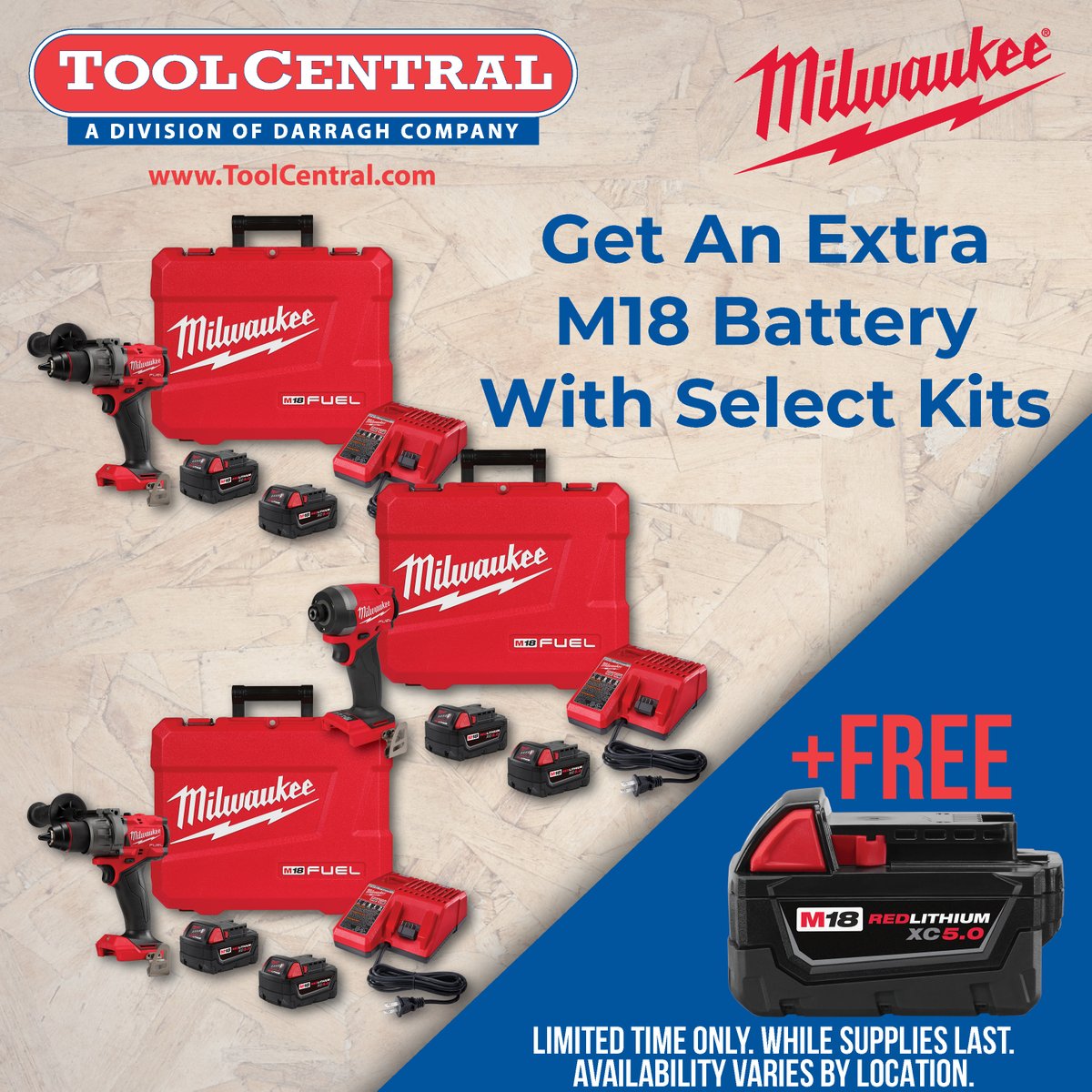 toolcentral's tweet photo. Get an extra M18 Battery with the purchase of select Milwaukee tool kits!  Availability varies by location. Shop online https://t.co/SCXIByBZPd and in-store.
 
#ToolCentral #PowerTools #PowerToolBatteries #MilwaukeeTool #ToolDeals #ConstructionTools #DIY #AgriculturalTools https://t.co/unJobstIau