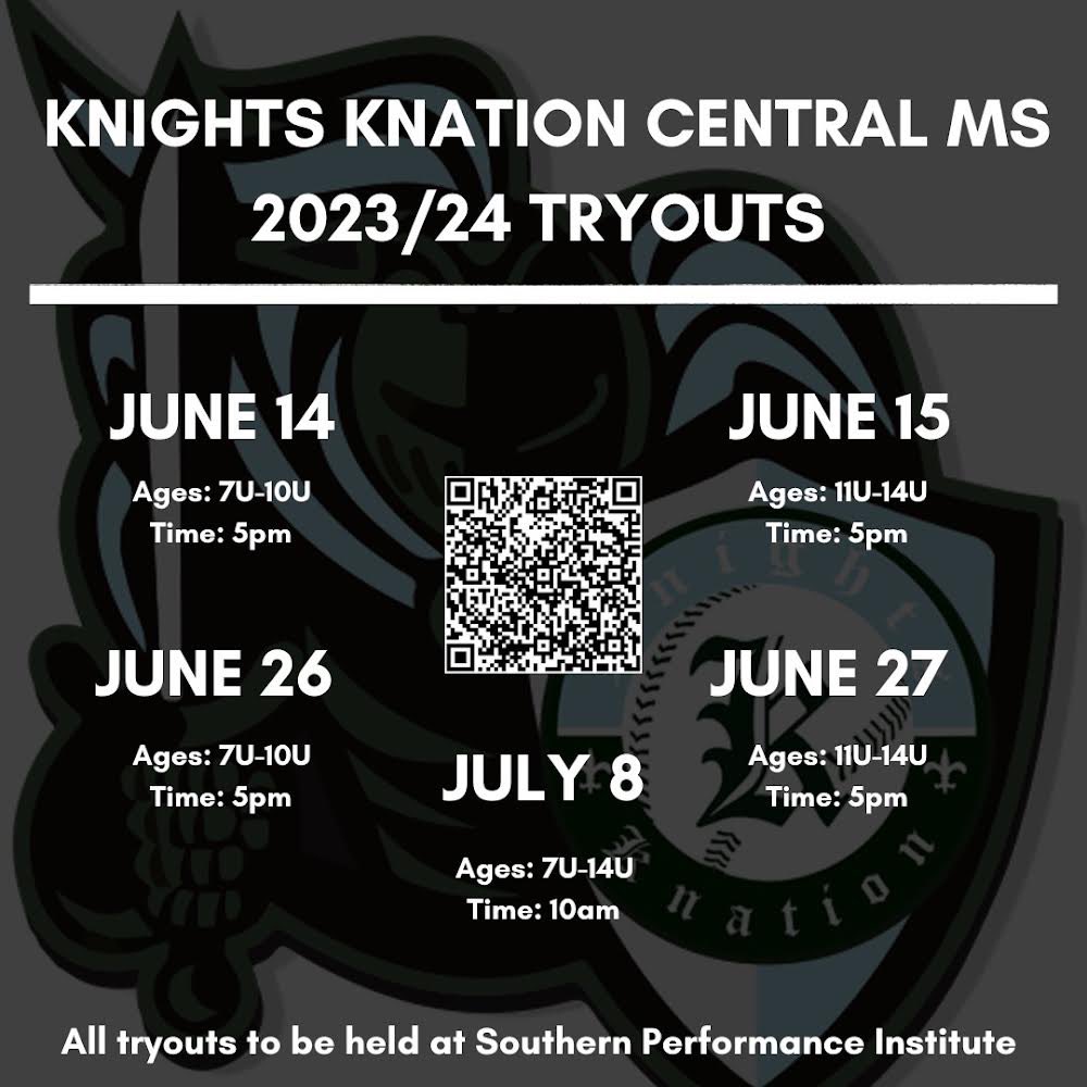 Save the date for our Knights Knation Central Mississippi Tryouts for our 7U-14U age groups! We look forward to seeing you all @ Southern Performance Institute-Madison (214 Parkway East, Madison, MS 39110). 

knightsms.leagueapps.com/events/3921961…
