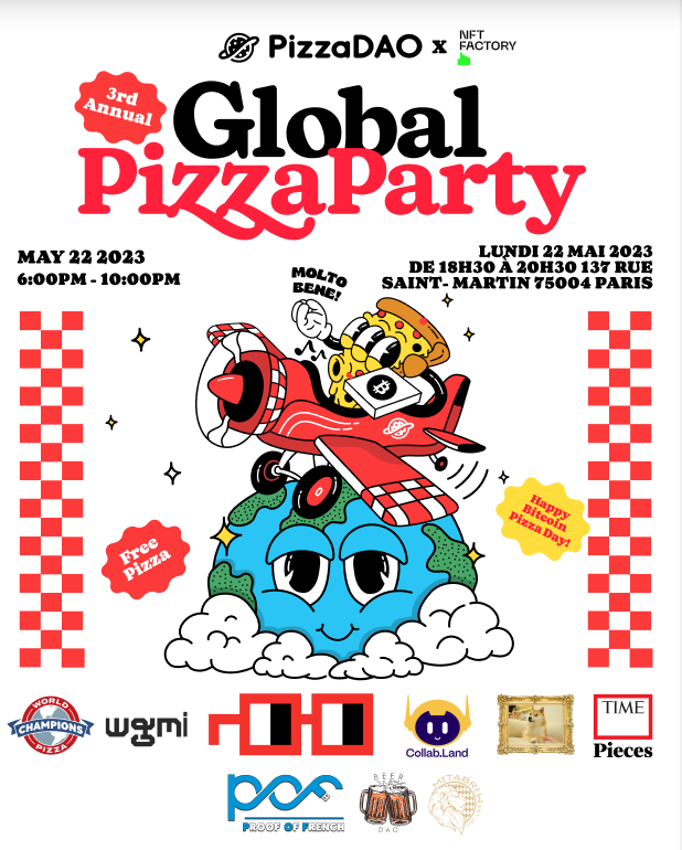 ProofofFrench's tweet photo. ๐ LA FAMASS ๐
Une Annonce de taille ๐ฅ
Nous sommes un des sponsors officiels de la "Global Pizza Party" de @Pizza_DAO le 22 Mai 2023 (Pizza Day ๐)
Ce sera de 18h30 ร 21h ร la @NFTFactoryParis ร Paris ๐
Ils savent qu'on arrivera aprรจs le space ๐
Pizza gratuite ๐ ! https://t.co/aHPUzjV6we