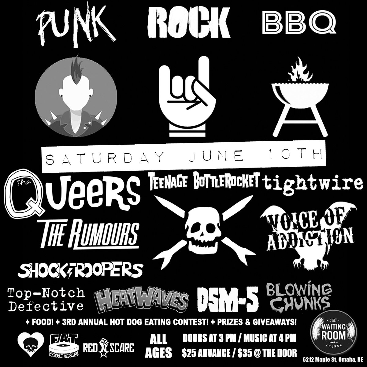 VOArockers's tweet photo. SAT JUNE 10 OMAHA NE #PunkRockBBQ #TheQueers @TeenBottlerock @TightwireMPLS #TheRumours @VoArockers @Shocktroop_wyo #TopNotchDetective #Heatwaves @DSM5punk #BlowingChunks at @Waiting_room https://t.co/91fvqTIkp9 @BlackHeartBook @one_percent #AllAges #punk #VoiceOfAddiction #VOA https://t.co/wKWjuGi8Uu