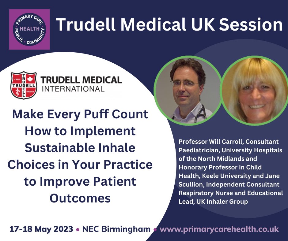 Respiratory Health and Allergies programme update! @TrudellMed session Make Every Puff Count – How to Implement Sustainable Inhale Choices in Your Practice to Improve Patient Outcomes now at 11.30am, join Professor Will Caroll and Jane Scullion in Hub 3, Hall 8. #PrimaryCareShow