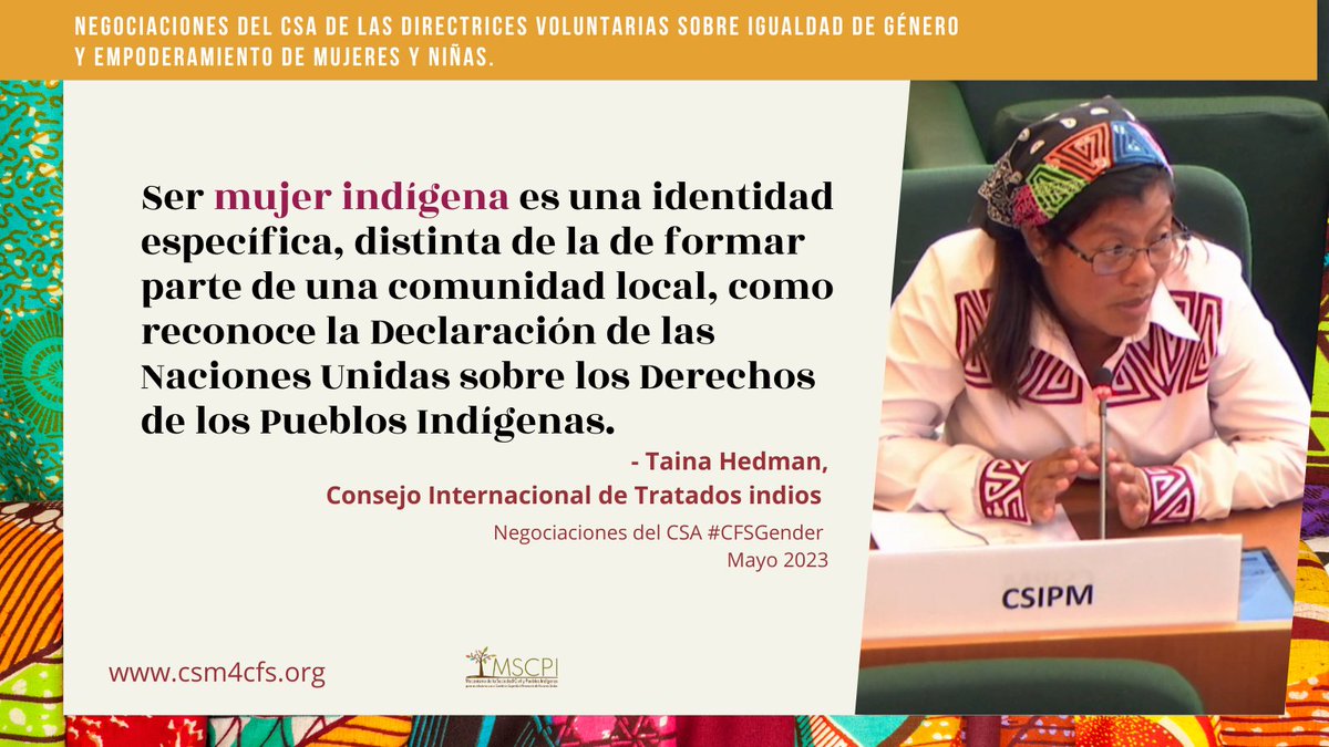CSM4CFS's tweet image. 🟠Being an Indigenous woman is a specific identity, different from being part of a local community, as recognised in the UN Declaration on the Rights of Indigenous Peoples, adopted by the UN General Assembly in 2007. - Taina Hedman from the negotiations room. #WeExist #CFSGender
