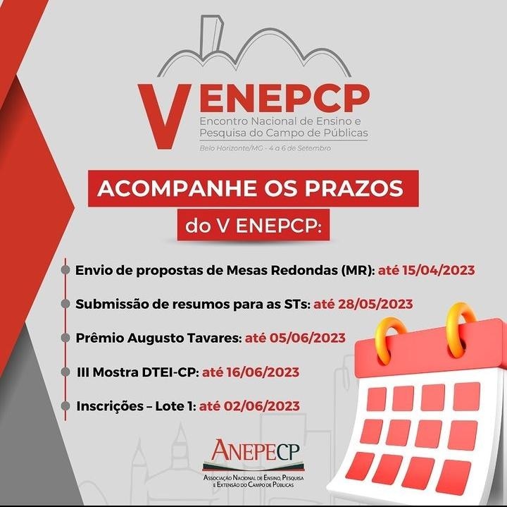O V Encontro Nacional de Ensino e Pesquisa do Campo de Públicas (ENEPCP) irá acontecer, de modo virtual e presencial, em Belo Horizonte, no período de 04/9 a 06/9. O prazo para a submissão de resumos se encerra dia 28/05 
Saiba mais e se inscreva em:
anepecp.org/enepecp/?fbcli…