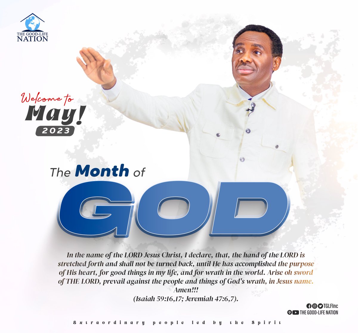 TGLFInc's tweet photo. Welcome to May!!!
The month of GOD- in the name of the LORD Jesus Christ, I declare, that, the hand of the LORD is stretched forth and shall not be turned back, until He has accomplished the purpose of His heart, for good things in my life, and for wrath in the world. 
#RPN 
1/2 https://t.co/dcdpBaQWQv