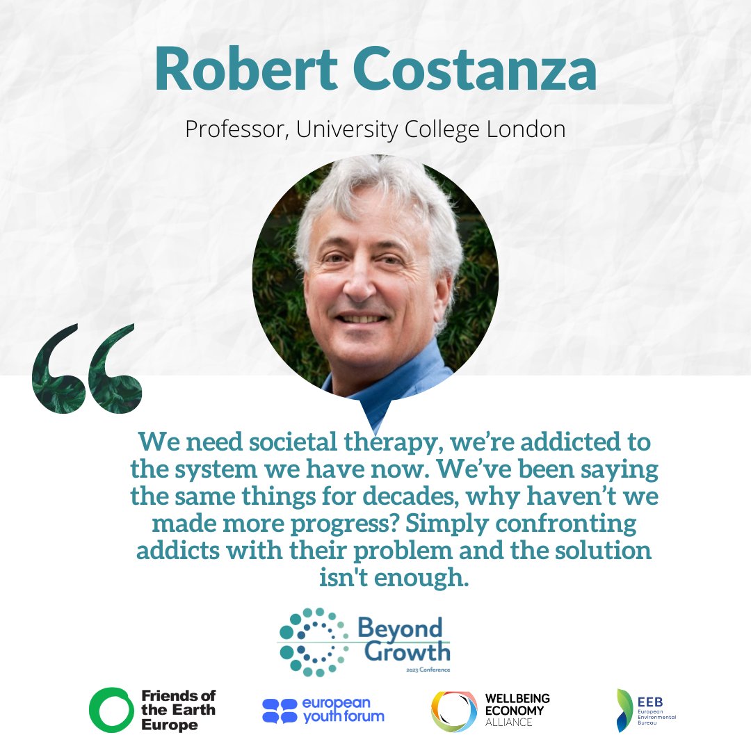 💡 To achieve sustainable wellbeing, we need to vision, implementation and tools and analytics. 

👐 Within that we need "more positive therapy" says WEAll Ambassador <a href="/Robert_Costanza/">Robert Costanza</a> at #BeyondGrowth conference #WellbeingEconomy