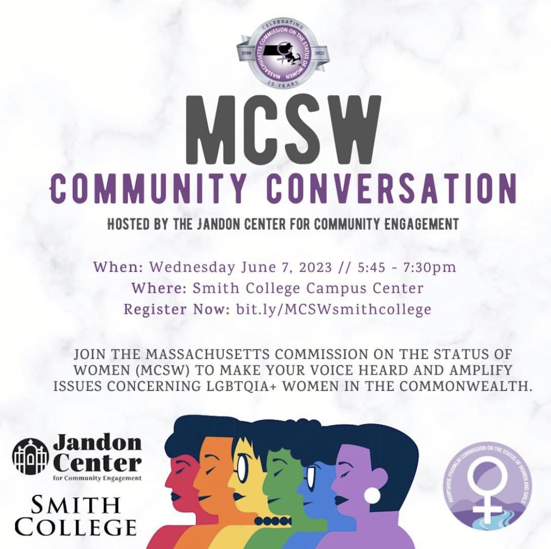 We want to hear about the issues that matter most to you! Register for our upcoming Community Conversation:
tinyurl.com/yc786kxj
#mcsw #communityconversation #massachusetts #lgtbqi #women #womenandgirls #commonwealthofmassachusetts #voicesmatter #haveyourvoiceheard <a href="/MassCSW/">Massachusetts Commission on the Status of Women</a>