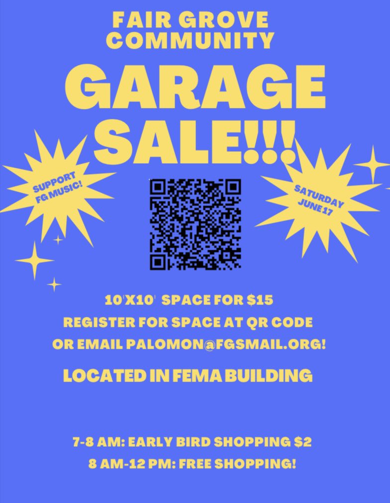 FairGroveBands's tweet photo. Support the band and join us again this year at the community garage sale! You can sell from our indoor location. Scan the QR code to reserve your space, or register at this link: 

https://t.co/jno888bTh8 https://t.co/dD4anTpx1h