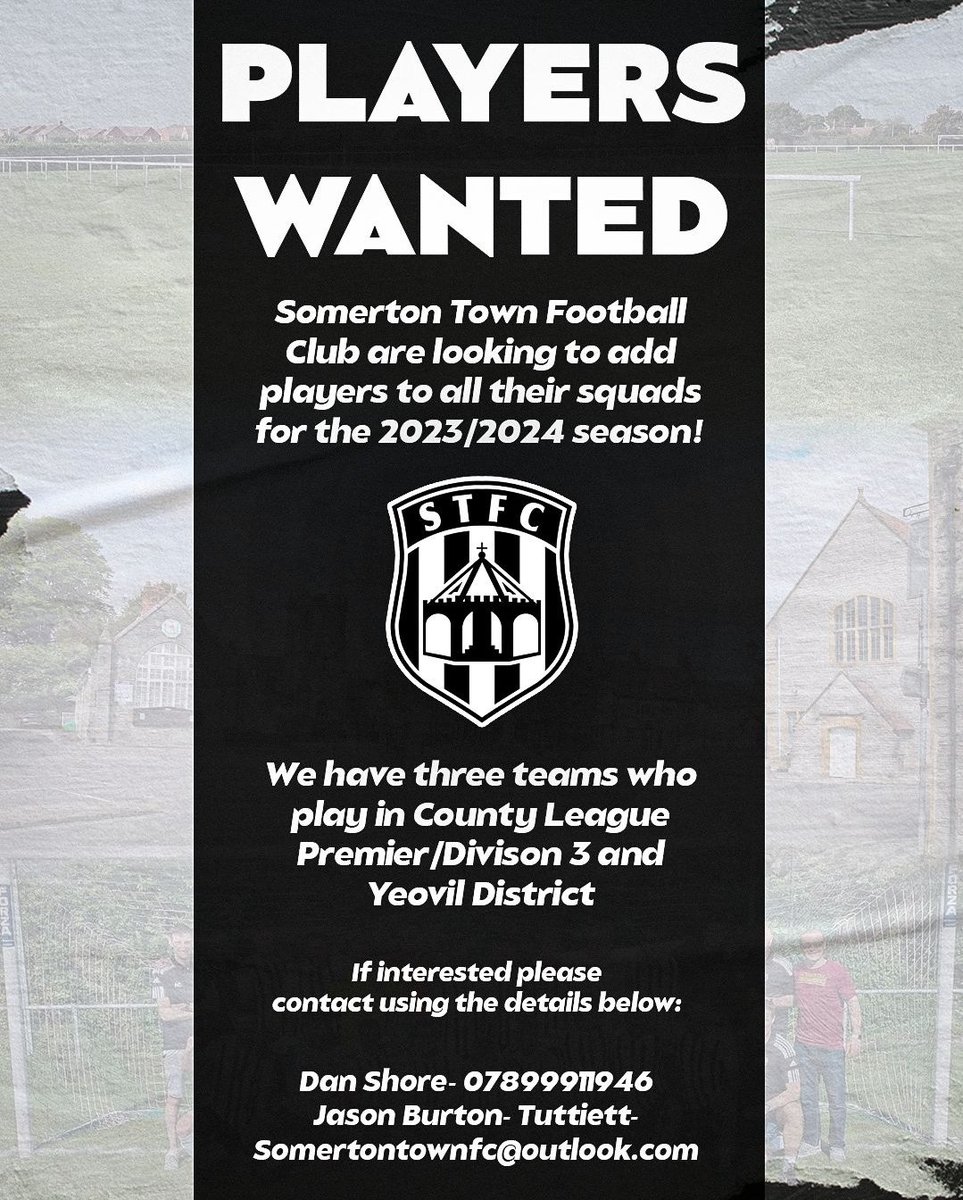 somertontownfc's tweet photo. Season 22/23 may have just finished by 23/24 planning is ongoing .We're looking for players to add to our squads across all 3 teams.Come and join a progressive and successful football club with fantastic facilities.If interested please see contact details on our poster
UPTHETOWN https://t.co/LkzgGKK6W2