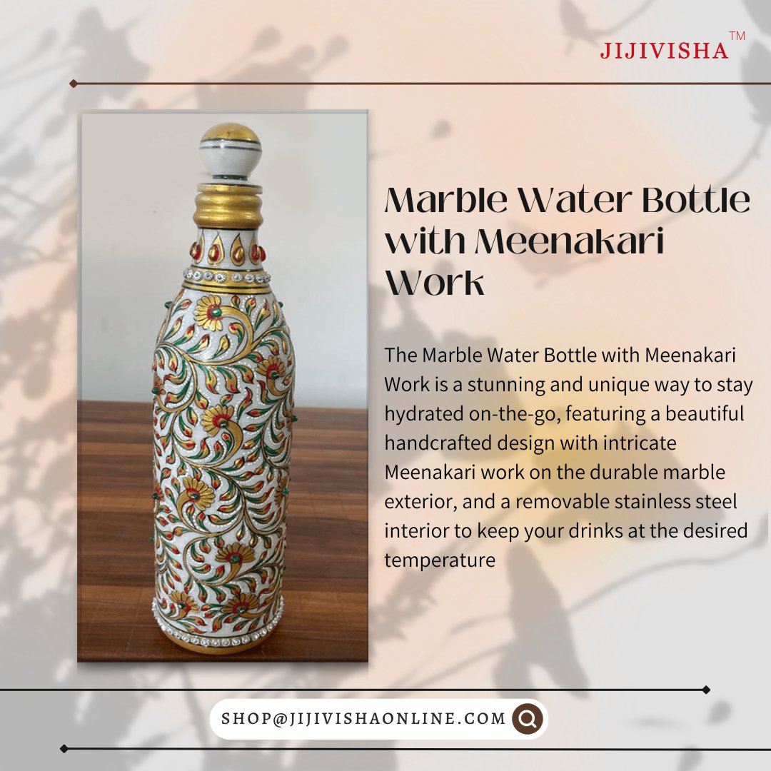 Quench your thirst with style and elegance with this Marble Water Bottle with Meenakari Work. 

#marblewaterbottle #meenakariwork #handcrafteddesign #stayhydrated #drinkwithstyle #marbleart #meenakaricraft #ecofriendlybottle #drinkresponsibly #luxurylifestyle #marblelover