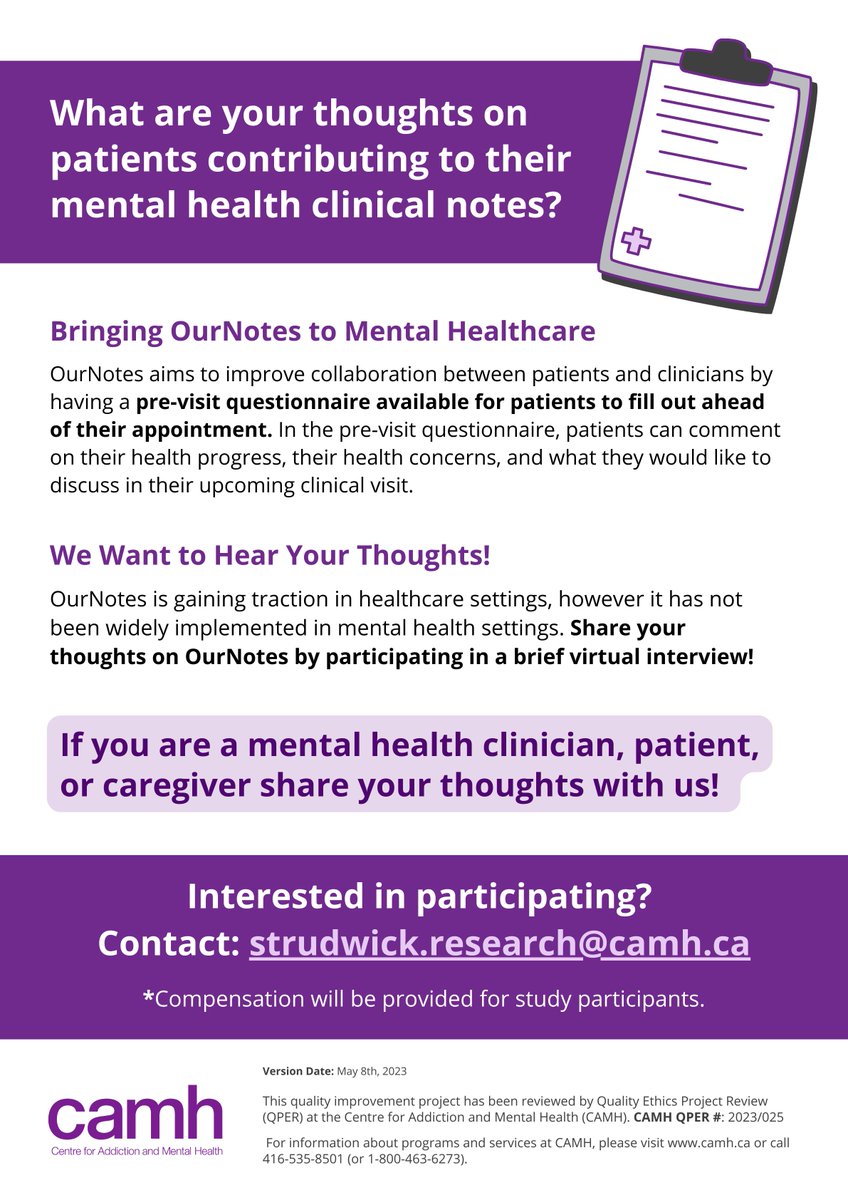 What are your thoughts on patients contributing to their mental health notes? 

If you are a person accessing mental health services, a caregiver, or a mental health clinician, we want to hear from you! Email strudwick.research@camh.ca to learn more!

<a href="/GStrudRN/">Gillian Strudwick</a> <a href="/lobri888/">Brian Lo</a> <a href="/nelshen/">Nelson Shen</a>
