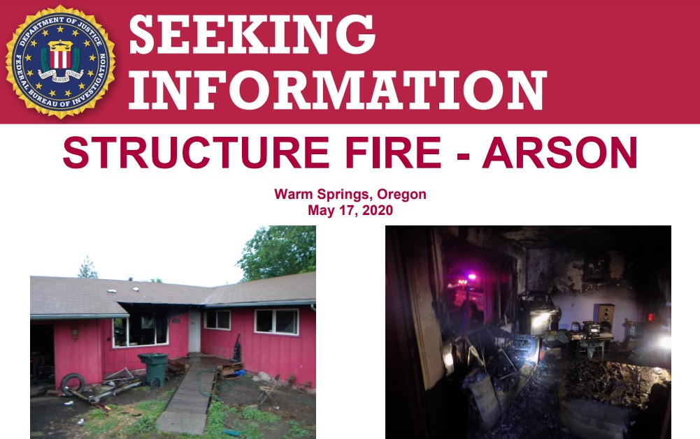 The #FBI offers a reward of up to $10,000 for information leading to the id, arrest, and conviction of those responsible for a structure fire in Warm Springs, Oregon, on May 17, 2020, in which one person died, and two people were seriously injured: fbi.gov/wanted/seeking…
