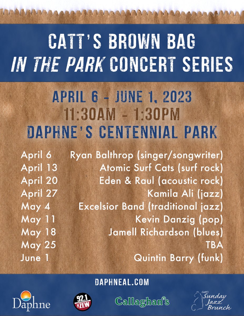 Join us TOMORROW, Thursday, May 18, as we welcome Jamell Richardson to Brown Bag in the Park 11:30AM - 1:30PM at Daphne's Centennial Park - grab your lunch &amp; we'll see you there!