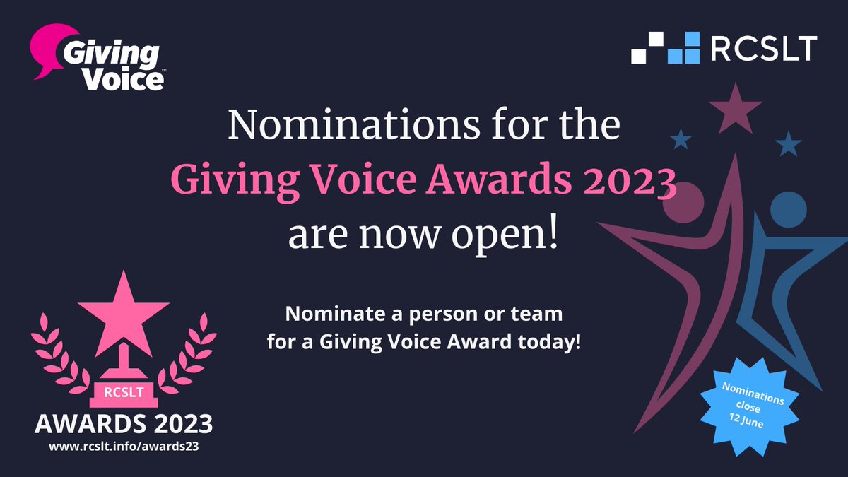 📢 <a href="/RCSLT/">RCSLT 💙</a>'s Giving Voice Awards are now open for nominations!

Help us to celebrate people who’ve supported and championed speech and language therapy and made a difference to people’s lives by nominating them via bit.ly/3LJsegD

Deadline: 5pm, 12 June

#RCSLTAwards