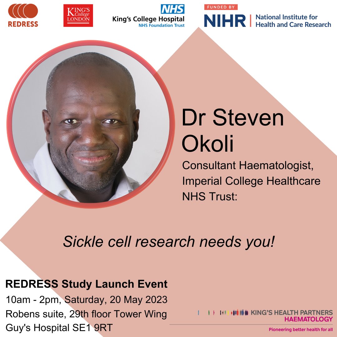 REDRESS Study (@redress_study) on Twitter photo 3 more sleeps until our Launch Event on 20th May. There's still time to register here: eventbrite.co.uk/e/redress-stud…
Pleased to announce our next speaker - Dr Steven Okoli - talking about how #sicklecell #research needs you!
<a href="/KHPHaematology/">KHP Haematology</a> <a href="/KCLCTU/">Clinical Trials Unit</a> <a href="/SickleCellUK/">Sickle Cell Society</a> 3 more sleeps until our Launch Event on 20th May. There's still time to register here: eventbrite.co.uk/e/redress-stud…
Pleased to announce our next speaker - Dr Steven Okoli - talking about how #sicklecell #research needs you!
<a href="/KHPHaematology/">KHP Haematology</a> <a href="/KCLCTU/">Clinical Trials Unit</a> <a href="/SickleCellUK/">Sickle Cell Society</a>