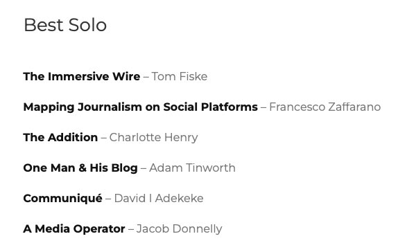 Lovely surprise to be shortlisted in the solo newsletter category in the @pubnewsletters awards. I won’t win, ‘cos I’m up against people like former student @FraZaffarano, the insightful @charlotteahenry and the powerhouse that is @JayCoDon — but it’s lovely to be shortlisted!