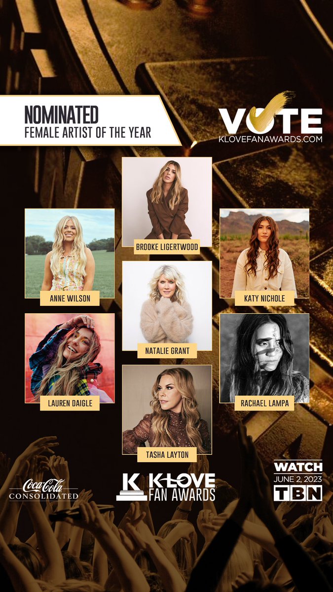 Here are your nominees for the 2023 Female Artist of the year! You can cast your vote at KLOVEFANAWARDS.COM. Let's make a difference together and vote with OPEN EYES! #votewithopeneyes #klove #cocacolaconsolidated #tbn #openeyes