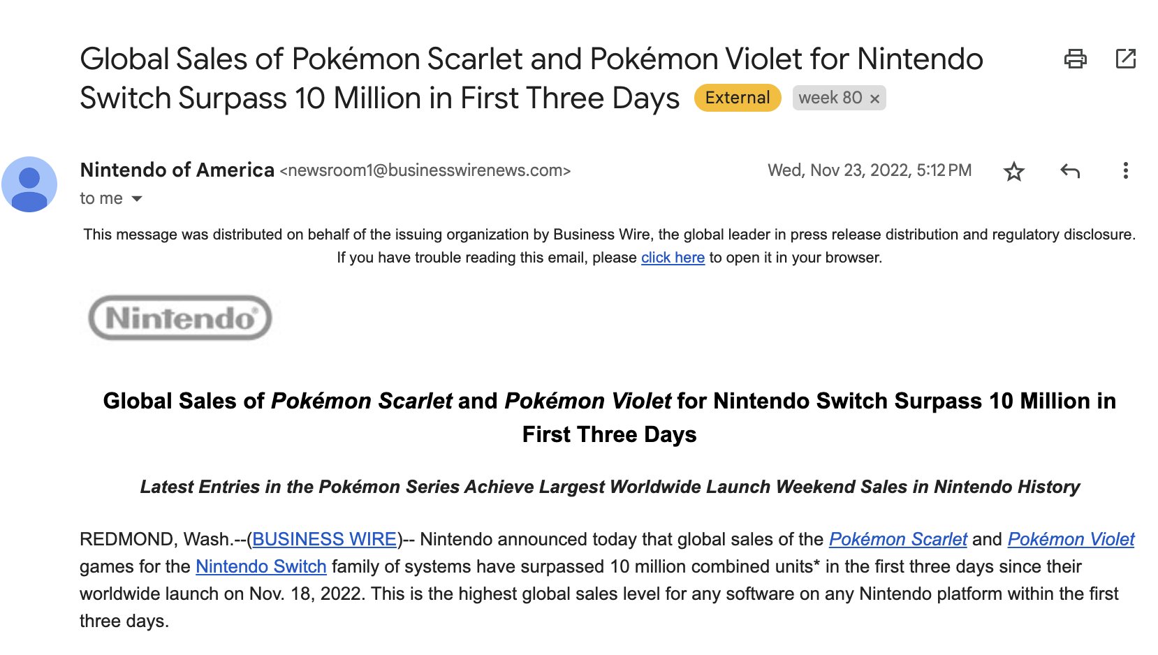 Global Sales of Pokémon Scarlet and Pokémon Violet for Nintendo Switch  Surpass 10 Million in First Three Days