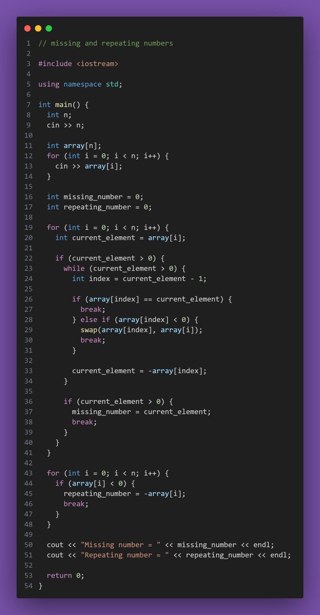 ArijitThisis's tweet photo. Day (06/100) #100DaysOfCode with @yesiamtechjc @Roumodip456 @SujataP47223391 @nishu__priya08 @RuidasSathi 

Problem : Missing an repeating numbers
Reference : https://t.co/siHs84ImvO

Posting the code here:
https://t.co/m3RuQ8k7ED https://t.co/wmiMre9W0Z