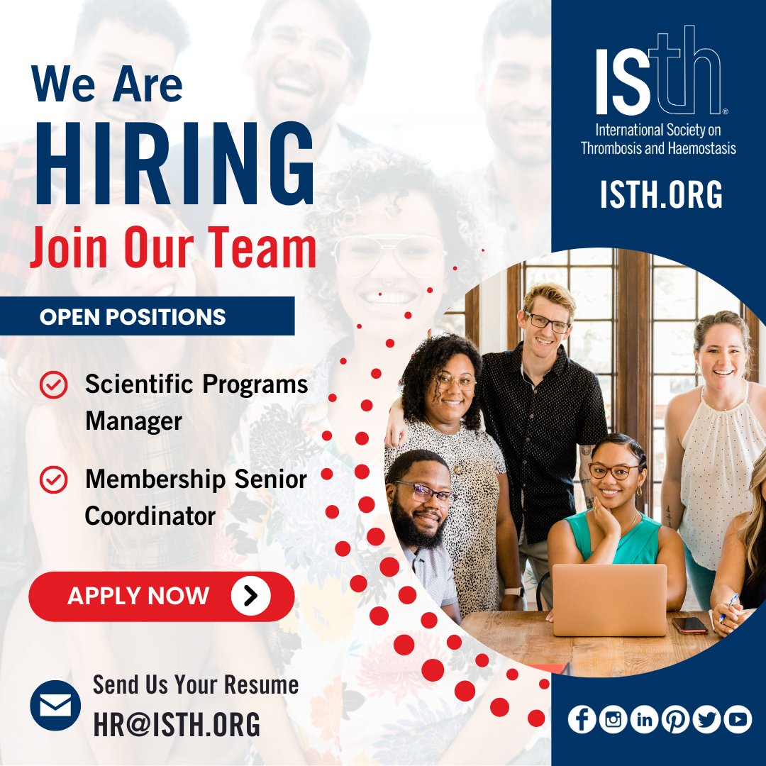 We are excited to share two new job openings at the @isth: Scientific Programs Manager & Membership Senior Coordinator. 

The ISTH is a mission driven, remote first association, with great benefits: Apply here: …rombosisandhaemostasis.applytojob.com/apply/

#jobposting #remotejobs #peoplefirstculture