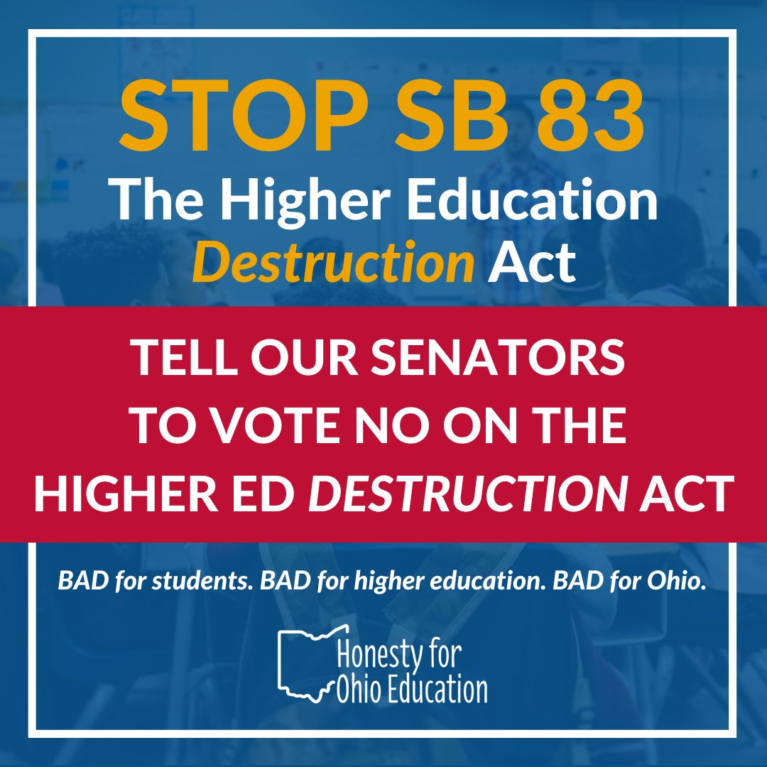 We need your signature by 1:30pm TODAY! The Higher Ed Destruction Act was just moved out of committee, and may be voted on in today's 1:30pm Senate session. Once again, the majority will of the people is being ignored in the Ohio Statehouse. actionnetwork.org/letters/urgent… #StopSB83