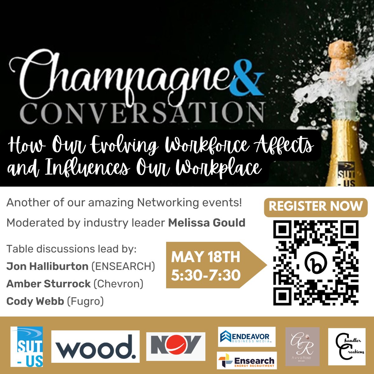 Tomorrow May 18th!
Champagne &amp; Conversation Series is back! We will have a table discussion of topics relating to “How Evolving Workforce Affects and Influence Our Workforce”.   For more information or to register scan the QR Code.  #offshore #underwatertechnology #networking