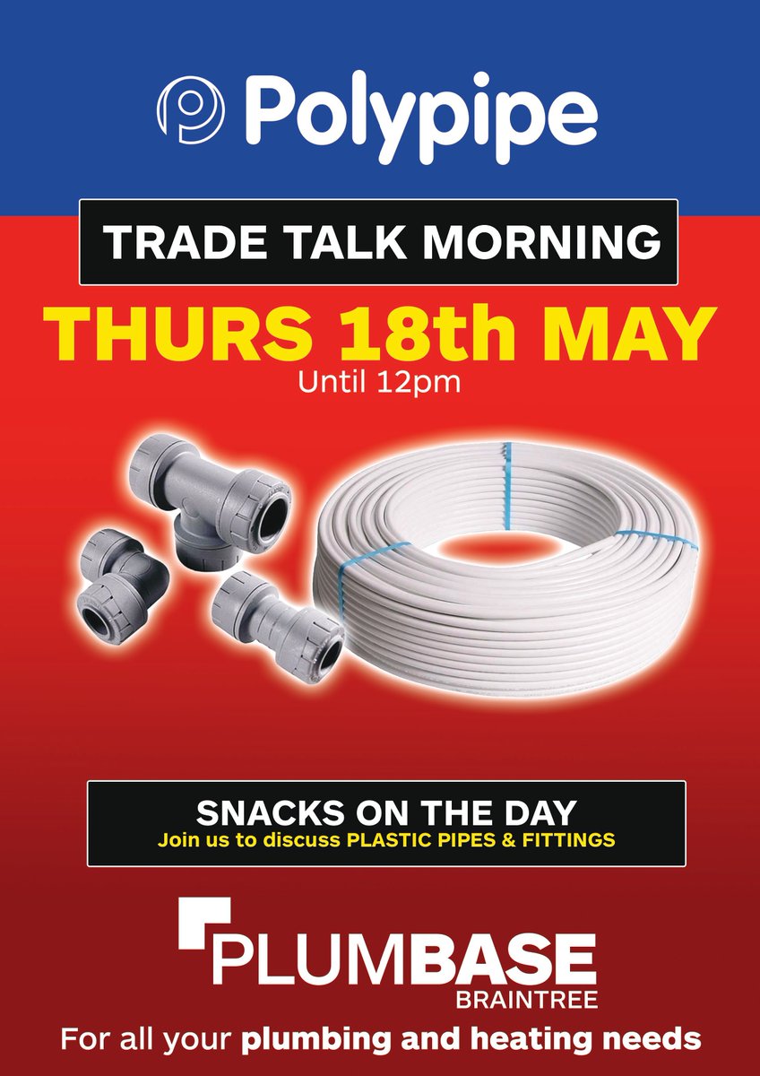 plumbase_brain's tweet photo. POLYPIPE trade talk here at Braintree Plumbase to discuss all your Plastic plumbing needs. Plus snacks available on the day. Don`t miss out . https://t.co/T9glwoXW57