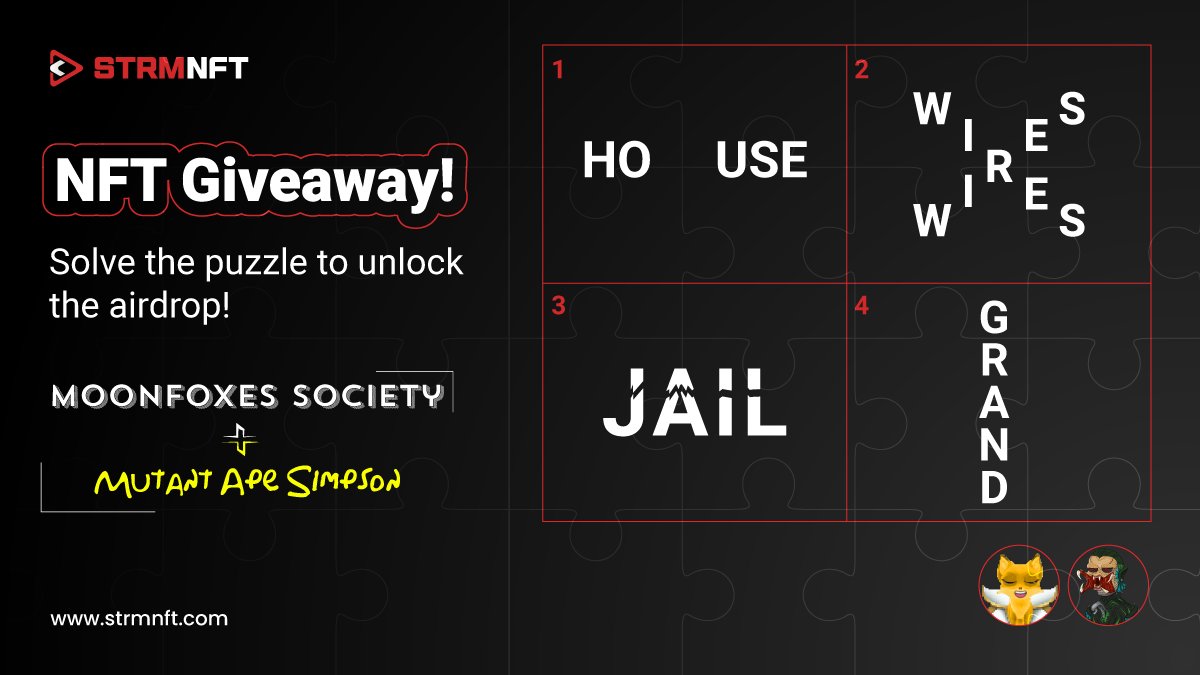 AngryMonkyNFT's tweet image. 🧙 Calling all word wizards! 

🧩 Take part in the #STRMNFT Puzzle Race to find the hidden meaning of the rebus puzzle, and earn yourself a sought-after #Airdrop reward.

👇🏻 Comment your responses below.

#STRMNFTGiveaway #STRMNFTCreator #MoonFoxesSociety #MutantApeSimpson…