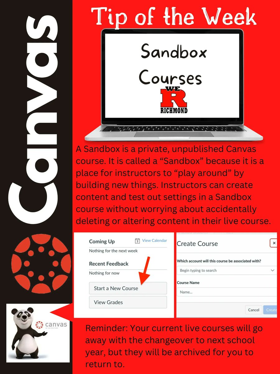 RCSLearn's tweet photo. @RCSLearn Tip of the Week: A Sandbox is a private, unpublished Canvas course. It is called a “Sandbox” because it is a place for instructors to “play around” by building new things. This is the final tip of the year - we really mean it this time! #RCSLearn #INCUE https://t.co/mmsCQnZy1b