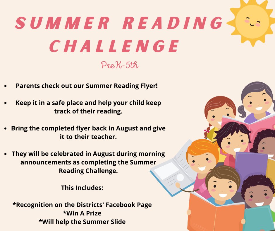 Parents and Guardians of PreK-5th: 
We are sending home a flyer with the students. It is the Summer Reading Challenge!!!

Please check it out! If you misplace the flyer, we are posting them on our website (usd.338) under the "News" section. 

Thank you Dragon Family!