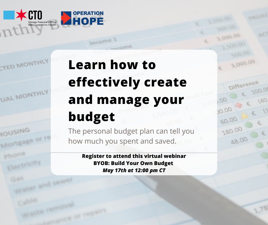 ChiTreasurer's tweet photo. Join us today at 12PM as we present B.Y.O.B- Build Your Own Budget, in partnership with Operation Hope's Hope Inside Program. Register here for this FREE webinar: https://t.co/FvFJNMGU9c
#chicagotreasurer #hopeinside #budgeting #buildyourownbudget https://t.co/PvTP5KcnGu