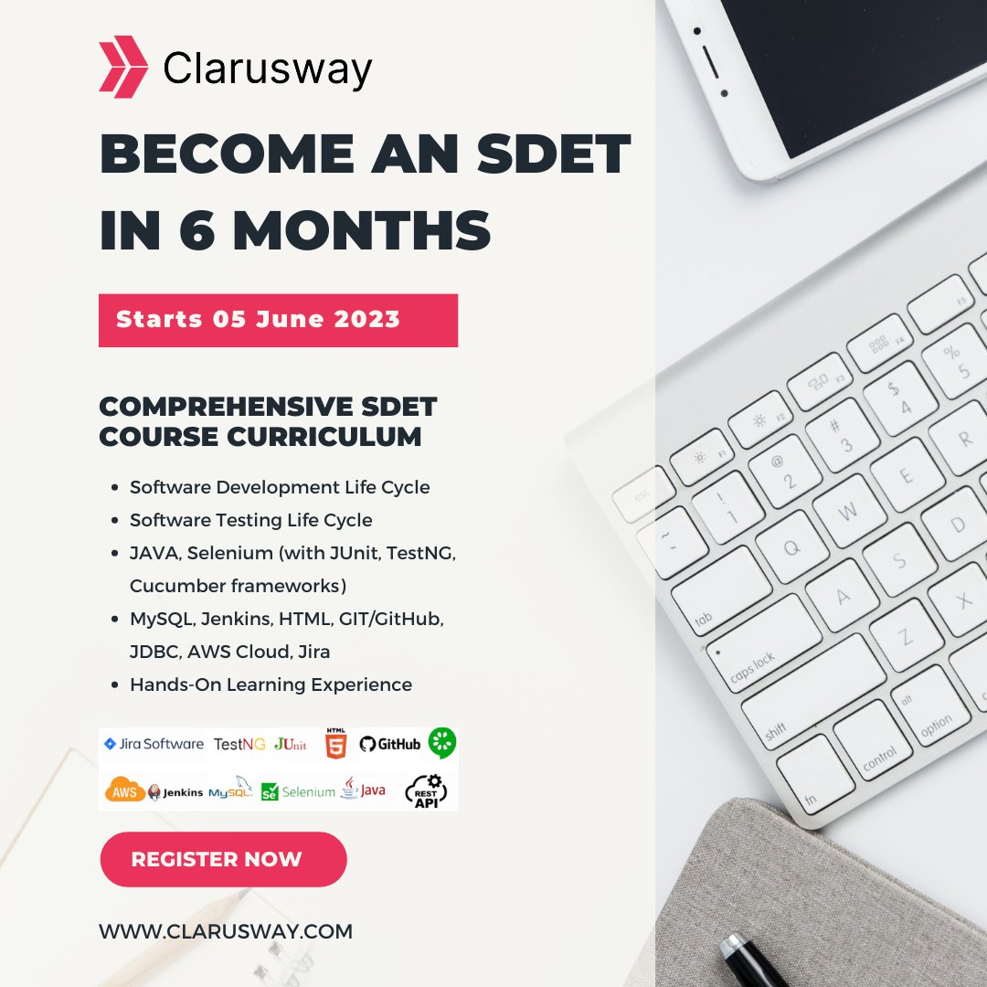 clarusway's tweet photo. Master key #SoftwareTesting skills with our comprehensive SDET course! ๐ป Dive into JAVA, Selenium, Jenkins, AWS Cloud, and more.
๐
Starts June 5 , 2023
๐ https://t.co/SDrxENb75M
#JAVA #Clarusway #LearnByExample https://t.co/06Sl0kTC2a