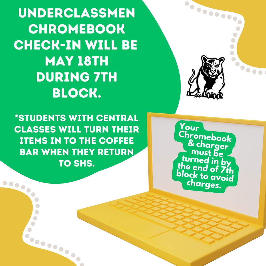 TOMORROW: Students, please have your...
🔌charger, 💻Chromebook, and cover ready to go. 

Remove any personal items from underneath the cover and be sure you have your device labeled. Extra labels will be distributed to your 7th block teacher. <a href="/SouthHSCougars/">Salina South High School</a>