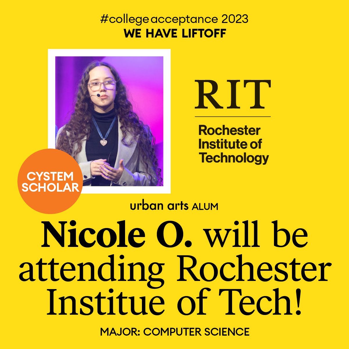 UrbanArtsOrg's tweet image. Engage Empower Launch 🚀 #CollegeAcceptance Please congratulate #NICOLE➡️@RITtigers 🐯 majoring in #compsci boosting young #womeninscience #womeninstem Our diverse students have earned $16M IN SCHOLARSHIPS since 2017 #girlsinstem #cystem #bigglesworthfoundation @DandC
