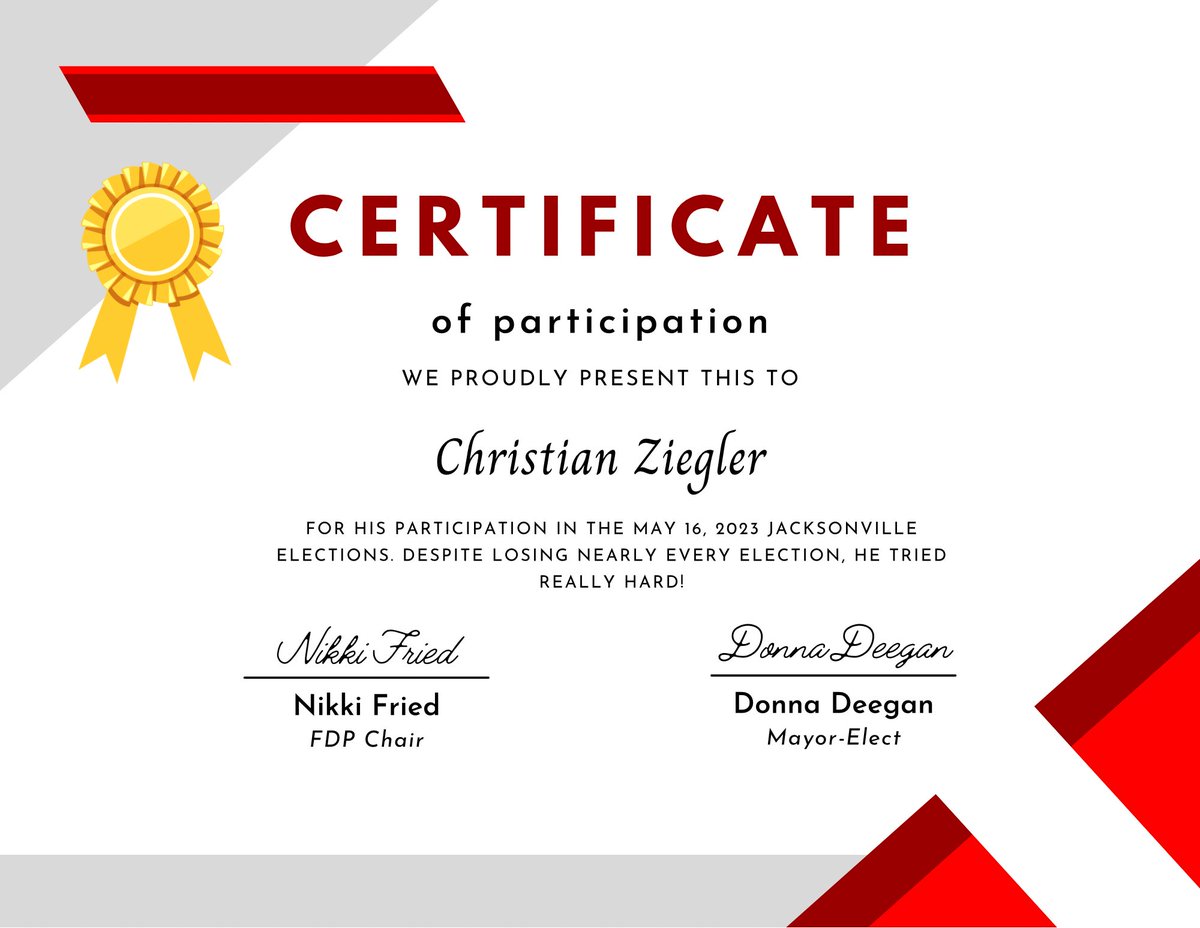 MrEvanRoss's tweet photo. Congratulations to @ChrisMZiegler for his participation in yesterday’s Jacksonville elections!
He and @TheFLGOP tried REALLY hard!
#FlaGOP #Satire https://t.co/uD4RRoCdWO