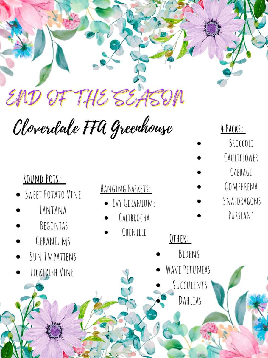 ffa_cloverdale's tweet photo. One week left to shop the Cloverdale FFA Greenhouse! We will close our doors on Wednesday, May 24th at 5pm.
We still have a lot of great plant varieties left.
Open M-F 2:30-5pm and Sat 9-2pm.
Thank you everyone for your support this year! 🌷 https://t.co/x83U51S9rM