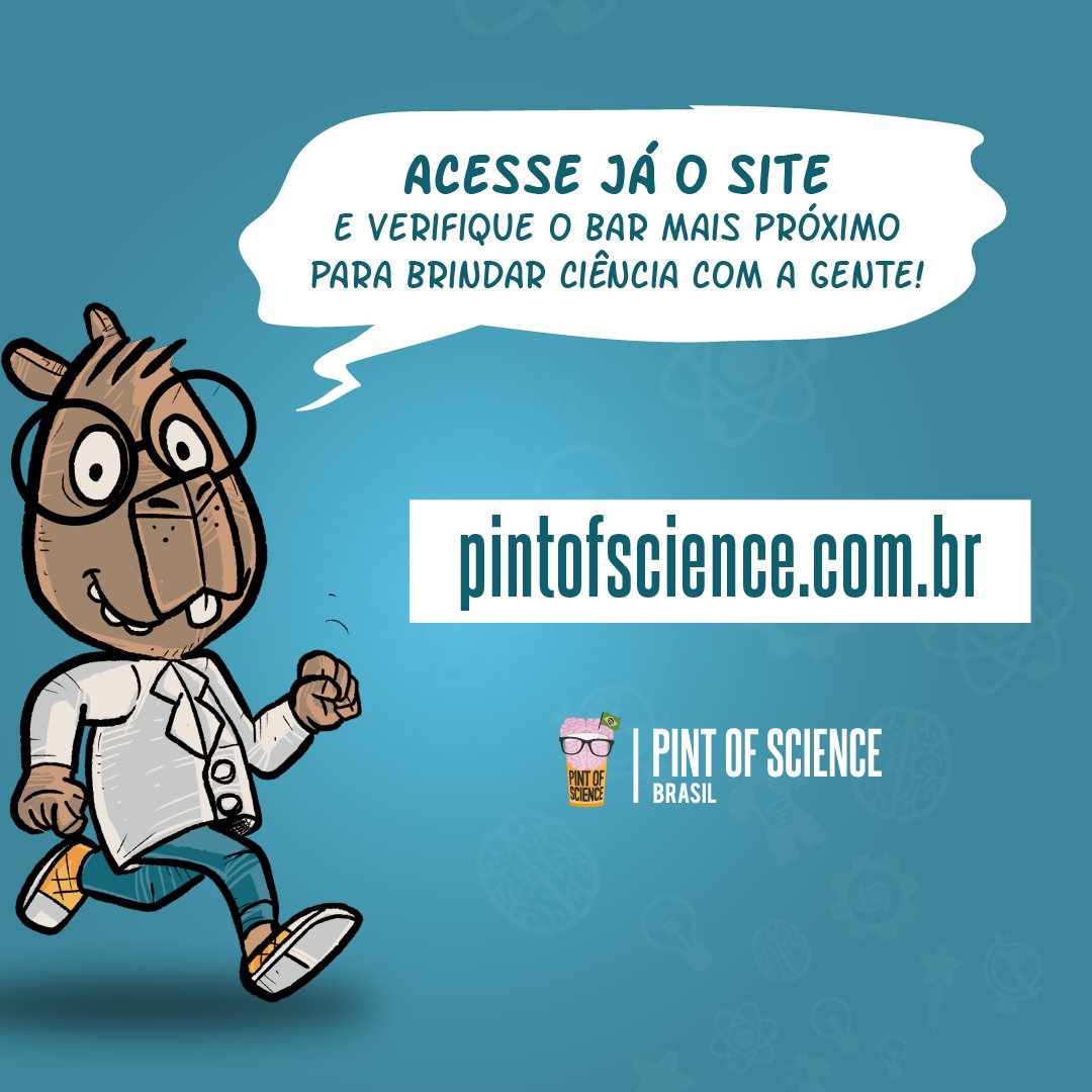 Vem aí o maior festival de divulgação científica do mundo! 
No Brasil, estaremos em mais de 120 cidades, discutindo a ciência de uma forma divertido e descontraída! 
Pesquise sua cidade e confira a programação: pintofscience.com.br 
Venha brindar à ciência conosco!🍻🧠