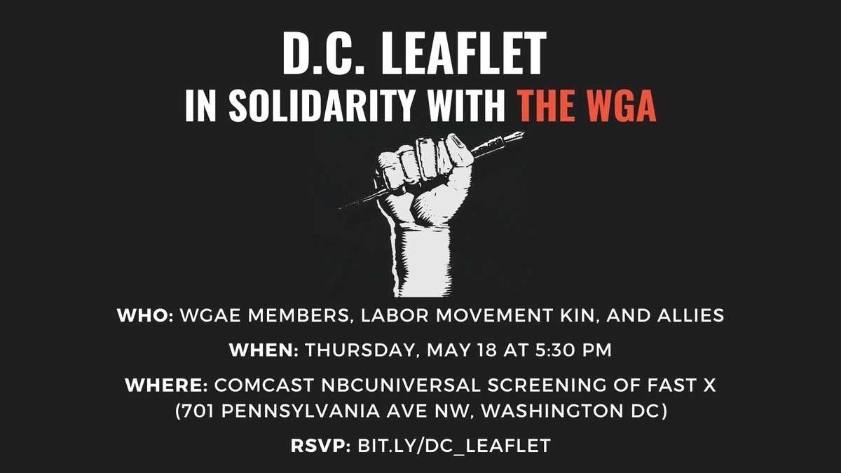 AFLCIO's tweet photo. We're furious and it's time for a fair contract—fast! 

That's why tomorrow in Washington, D.C., striking @WGAEast members and labor allies will be leafletting outside of a private @comcast @NBCNews screening of Fast X. Come one, come all!  (via @DPEaflcio) https://t.co/5r9SmT1Dtx