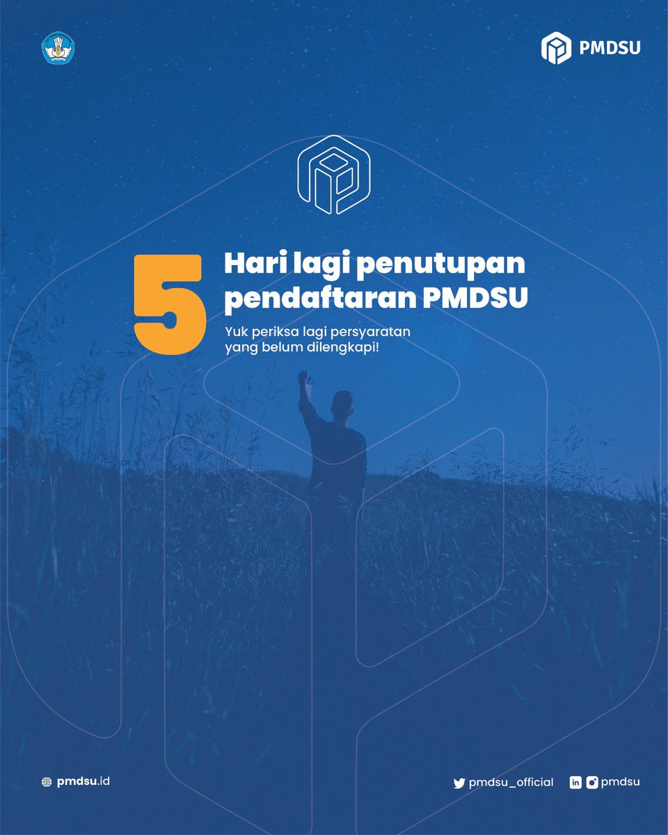 5 hari lagi penutupan program beasiswa PMDSU! 

Yuk periksa lagi persyaratan yang belum dilengkapi! 

Oh iya yuk pastiin juga semua kebutuhan pendaftaran dan persiapan lainnya. 

Semoga tahun ini bisa jadi calon #DoktorMuda! 

#PMDSU #PKPI #Kemdikbud #FastTrack #ManagemenTalenta