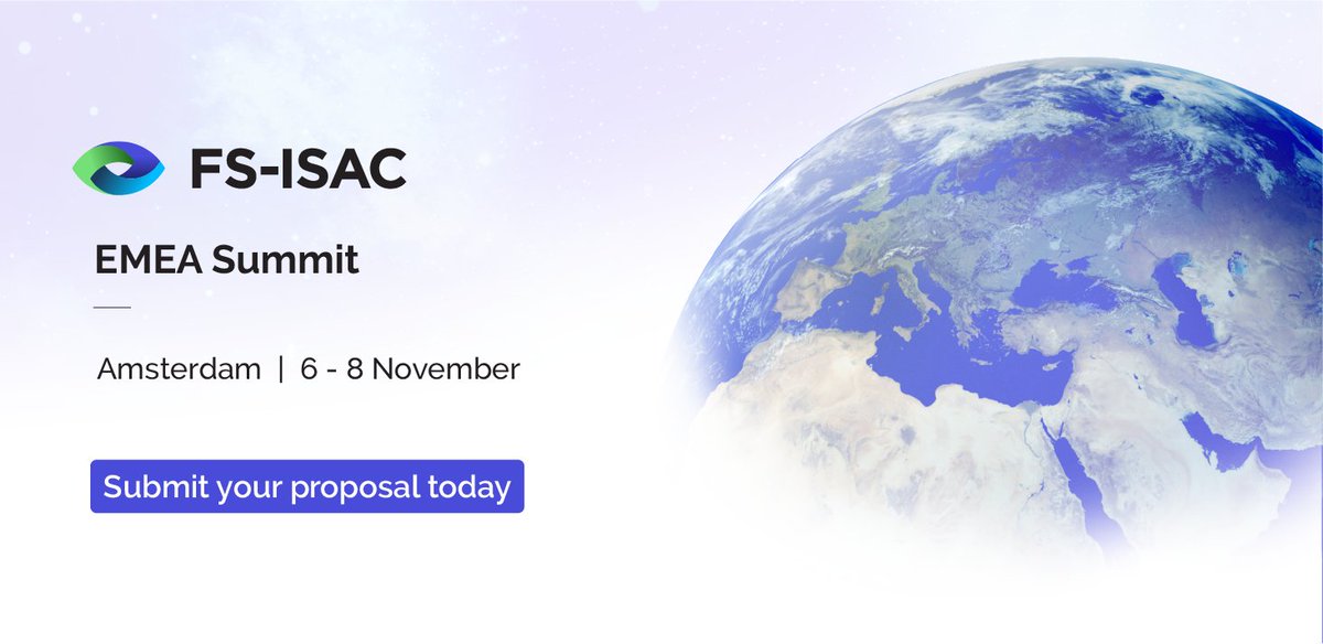 FSISAC's tweet photo. Our EMEA Summit will bring together hundreds of experts and leaders from the EMEA financial sector for 3 days of learning, information sharing, and networking. Showcase your knowledge and submit a proposal to present at the event. Learn more https://t.co/oFgKaRnI1g #FSISACSummit https://t.co/iT2ZRqbplV