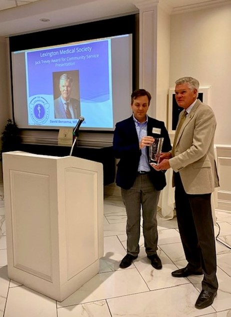 LMS1799's tweet photo. Congratulations to Dr. David Bensema for being awarded the Jack Trevey Award for Community Service, the Lexington Medical Society's highest honor, by Dr. Lee Dossett, LMS President, May 16, 2023 at the LMS Dinner Meeting at the Signature Club. https://t.co/YE1edzKiBJ