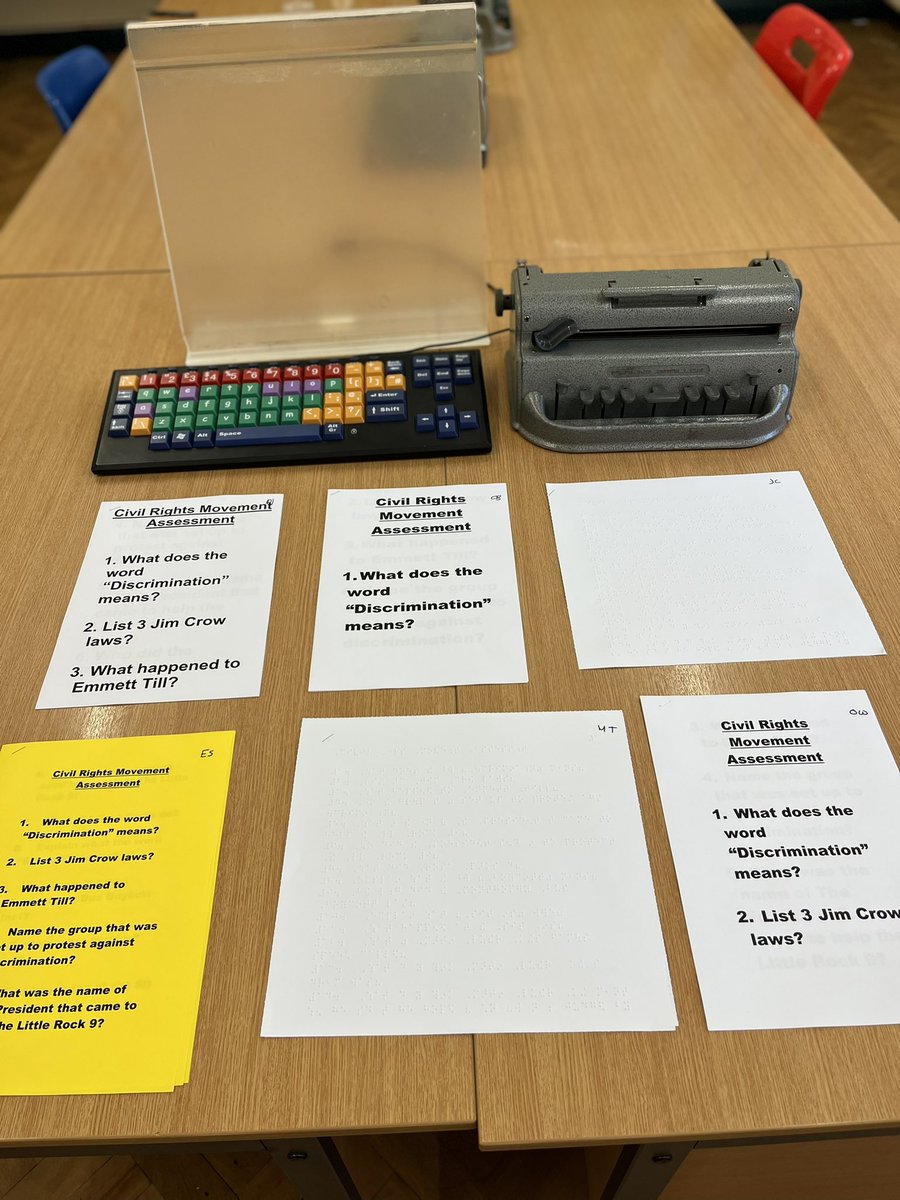 MrCMcSorley's tweet image. When planning an assessment there are many different things to make it accessible for all visual impairments! #Braille #TextSize #Font #ColouredPaper #Brailler #WritingSlope #BigKeyKeyboard @StVincentsL12 #SEN #Education