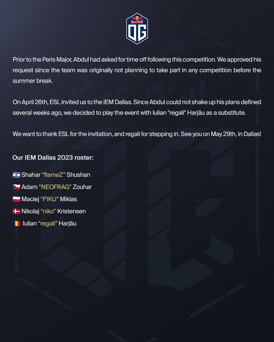 Invited to <a href="/IEM/">Intel® Extreme Masters</a> Dallas 2023 and roster update.

🤝 @regalicsgo 

See you soon gang!

#DreamOG