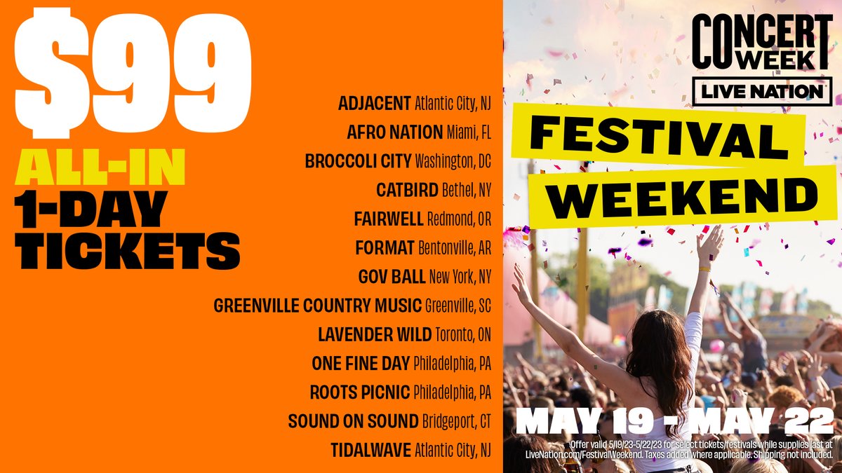 LiveNation's tweet image. $99 All-In 1-Day Tickets! Introducing Festival Weekend, May 19-22. Get your friends and grab tickets to your favorite festivals this year. See the full list of festivals included and the lineups by day at livemu.sc/3WaNXl0