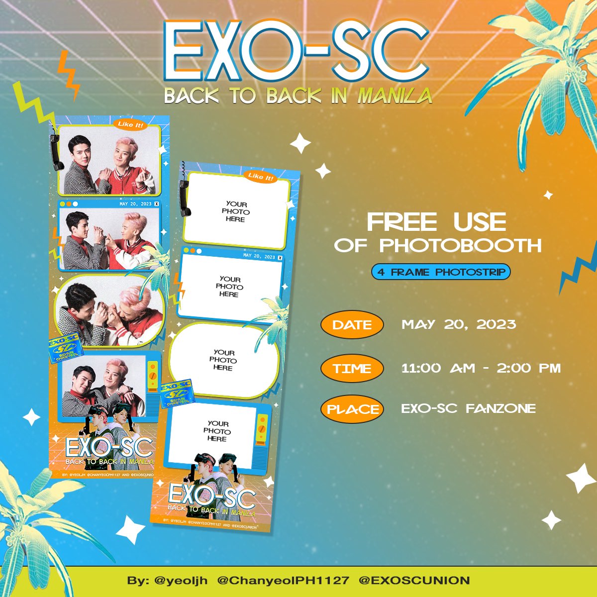 Capture the moment @ #EXOSC_BACKTOBACK_IN_MNL 📸 

Get a free access to our unlimited photobooth open for all concert and non-concert goers!

📍EXO-SC Fanzone
⏰ 11:00 AM to 2:00 PM
📝 MBF, Like, & RT!

A fan support by @yeoljh in collaboration with @EXOSCUNION & @ChanyeolPH1127