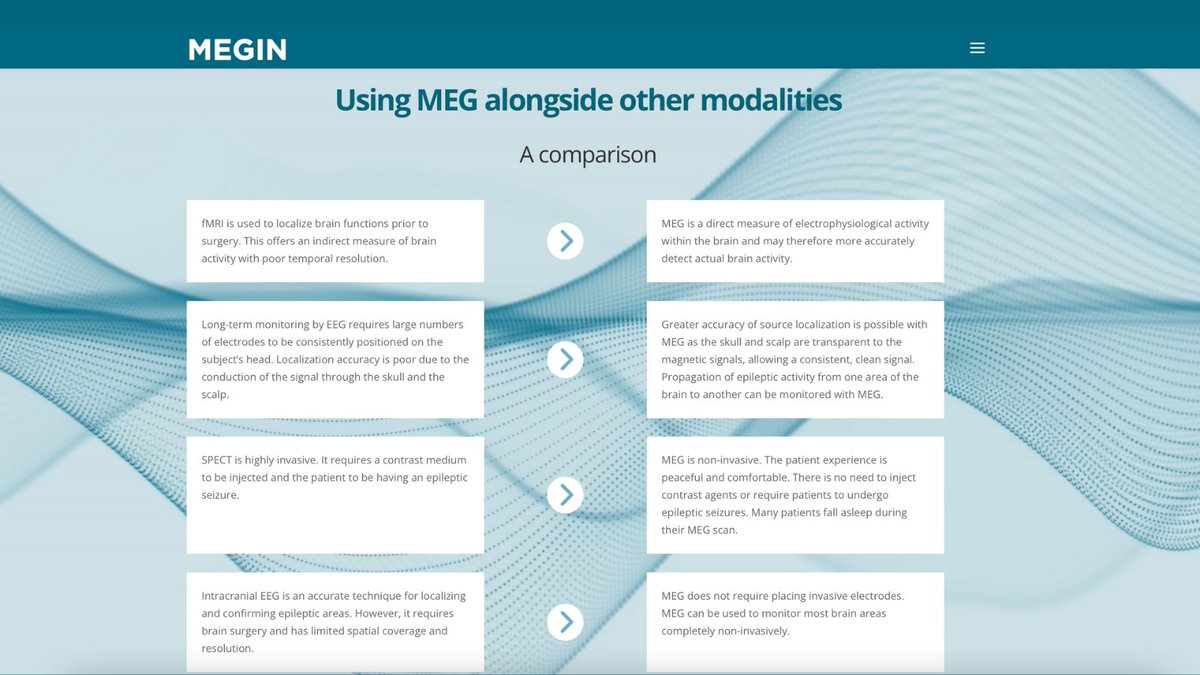 Interested in learning how #MEG could be included in your operational flow alongside other modalities? View our comparison table to learn more about complementary features and functionality. megin.fi/comparison/ 
#neuroimaging #neurology #neuroscience #healthsystem #healthtech