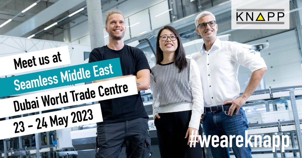 KNAPP_AG_de's tweet photo. We are present at the "Seamless Middle East". Visit us there at our booth #Q72. See you in Dubai on May 23 and 24, 2023. #weareknapp #valuechaintechpartner #dubai #passion4logistics #fair https://t.co/yGFvVTRHCg