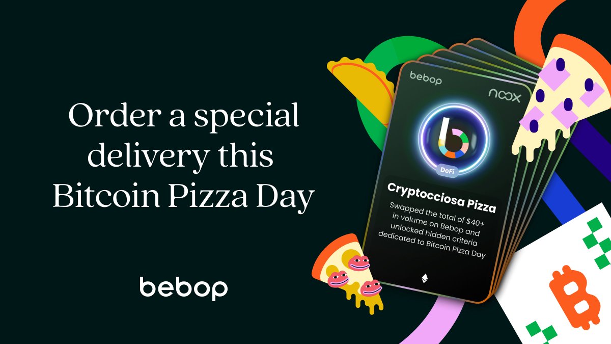 bebop_dex's tweet photo. 1/ 🍕🍕High risk of over-indulgence, fam 🍕🍕
Bebop is celebrating Bitcoin Pizza Day 🍕 and delivering pizzas to those who feel FOMO for not buying Bitcoin in 2010, as well as all other blockchain enthusiasts, traders, anons, and degens! https://t.co/ihZva49ZfB