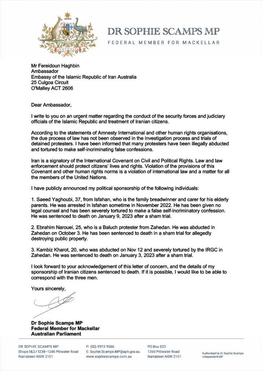 My letter to the Iranian Ambassador. The three men I am sponsoring #saeedyaghoubi, #EbrahimNarouei & #KambizKharot have been sentenced to death following sham trials, abduction & torture. I call for each to receive legal counsel & the ability to correspond with them #auspol #Iran