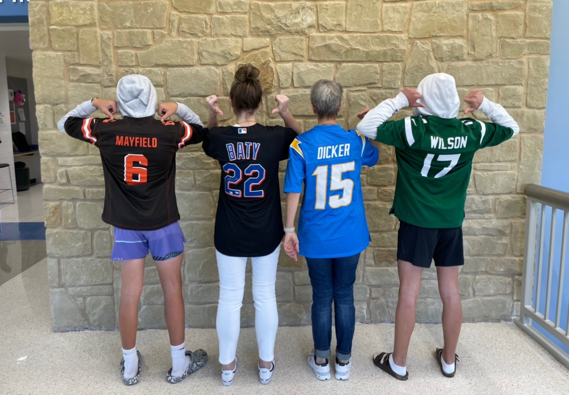 Repping our favorite LT pros for school jersey day today! <a href="/LTCavBaseball/">Lake Travis Cavalier Baseball</a> <a href="/LTHSCavFootball/">Lake Travis Football</a> @baty_brett <a href="/bakermayfield/">Baker Mayfield</a> <a href="/GarrettWilson_V/">Garrett Wilson</a>