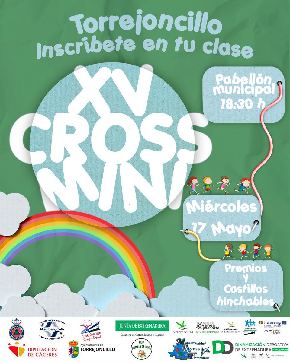 👧🏼👦🏻 | 𝐗𝐕 𝐂𝐑𝐎𝐒𝐒 𝐌𝐈𝐍𝐈 𝐓𝐎𝐑𝐑𝐄𝐉𝐎𝐍𝐂𝐈𝐋𝐋𝐀𝐍𝐎

👉🏼 Hoy miércoles 17 de mayo de 2023 se celebrará la decimoquinta edición del Cross Mini.

🗓 A partir de las 18:30 h. en el Pabellón Municipal de #Torrejoncillo.

📲 #XVCrossMiniTorrejoncillano